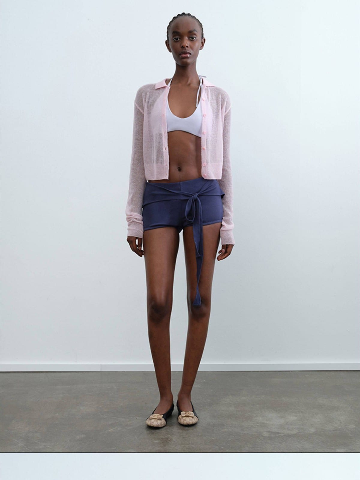 RARELY ALIKE Cropped Alpaca Blend Polo Cardigan in Pink - On Female Model