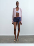 RARELY ALIKE Cropped Alpaca Blend Polo Cardigan in Pink - On Female Model