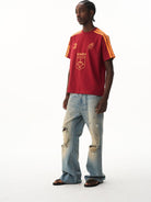 BLINDNOPLAN Retro Color Block Graphic T Shirt in Red - On Male Model