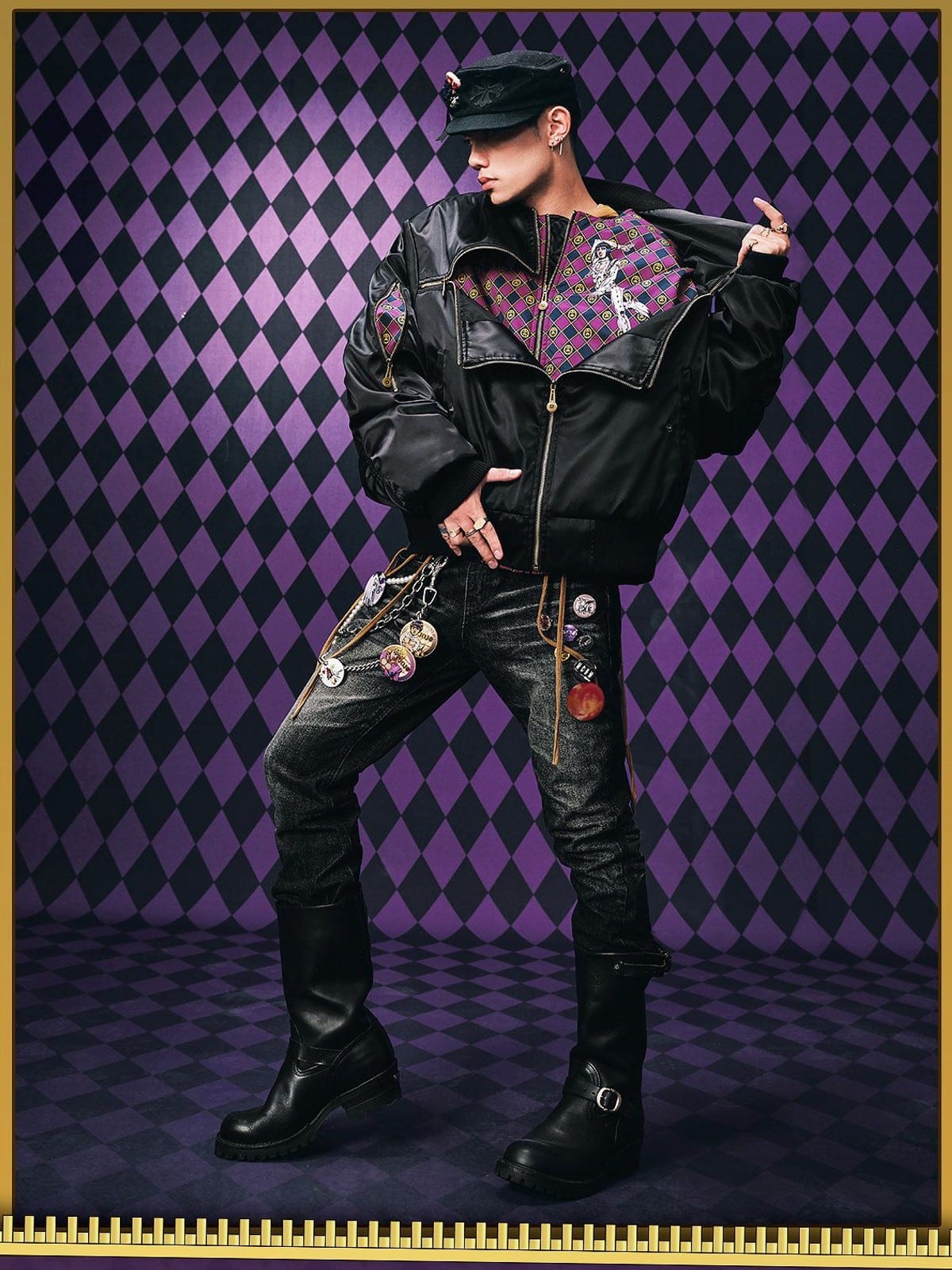 MEDM JoJo Collab Graphic Puffer Bomber in Black - On Male Model