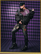 MEDM JoJo Collab Graphic Puffer Bomber in Black - On Male Model