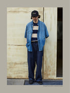 USAGE Distressed Short Sleeve Denim Shirt in Denim - On Male Model