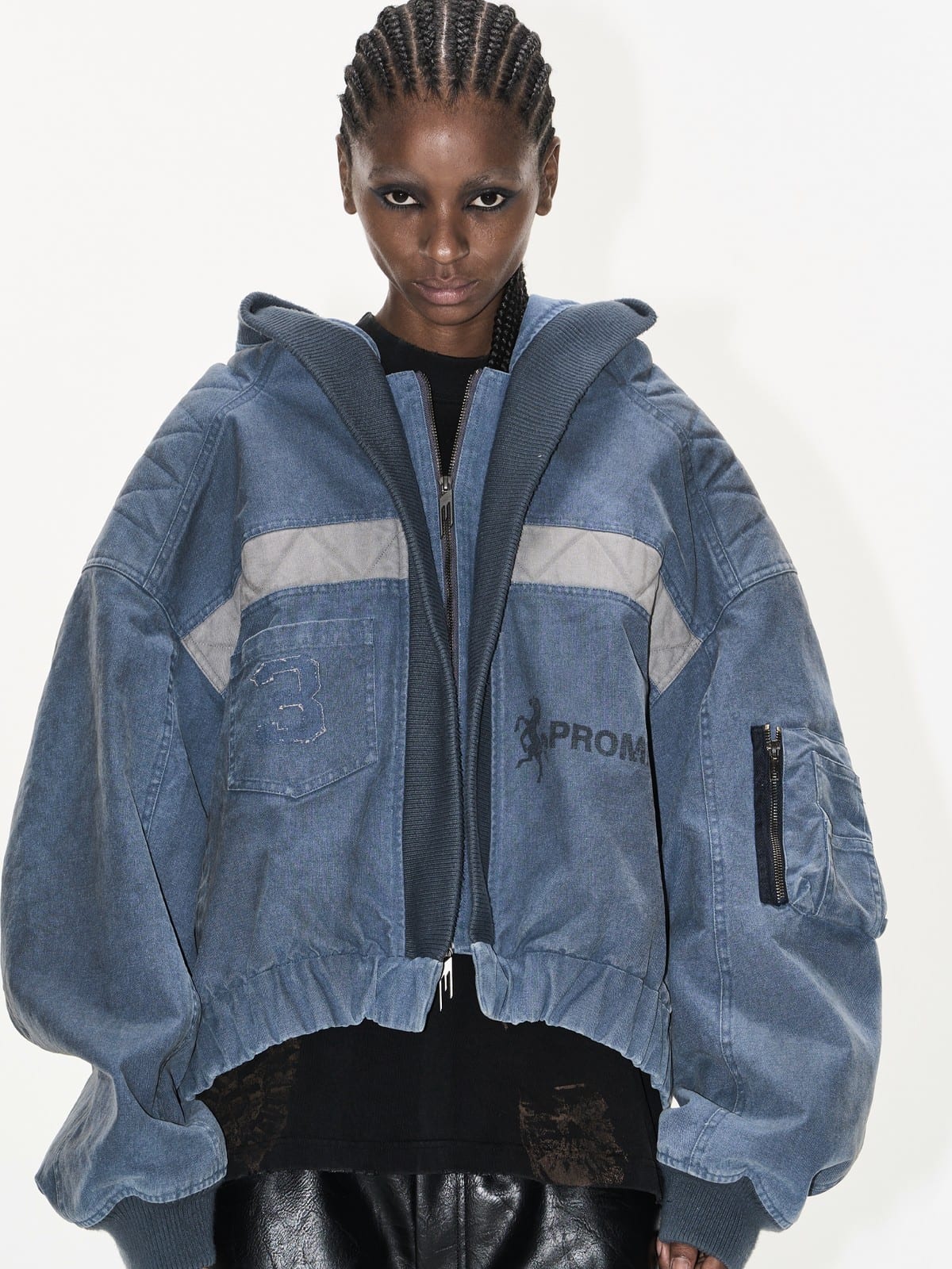 BLINDNOPLAN Distressed Hooded MA 1 Bomber Jacket in Blue - On Model