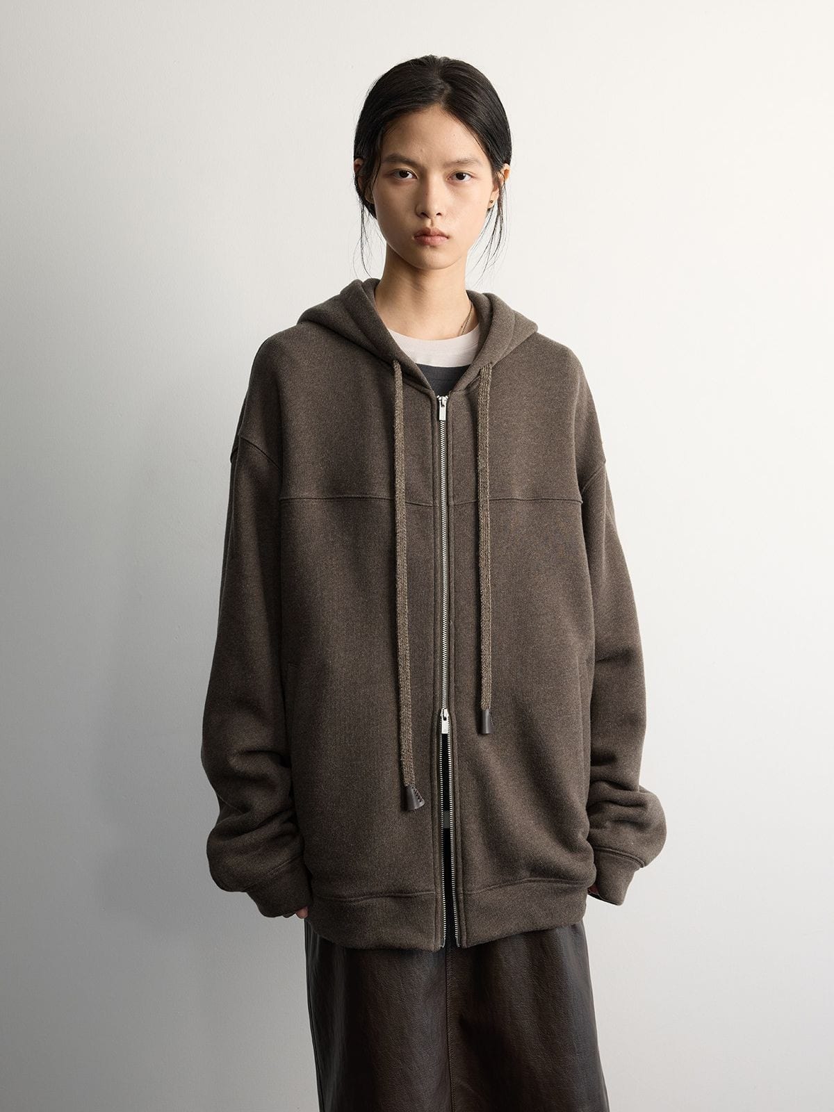 Random Piece Wool Blend Fleece Lined Zip Hoodie in Brown - On Female Model