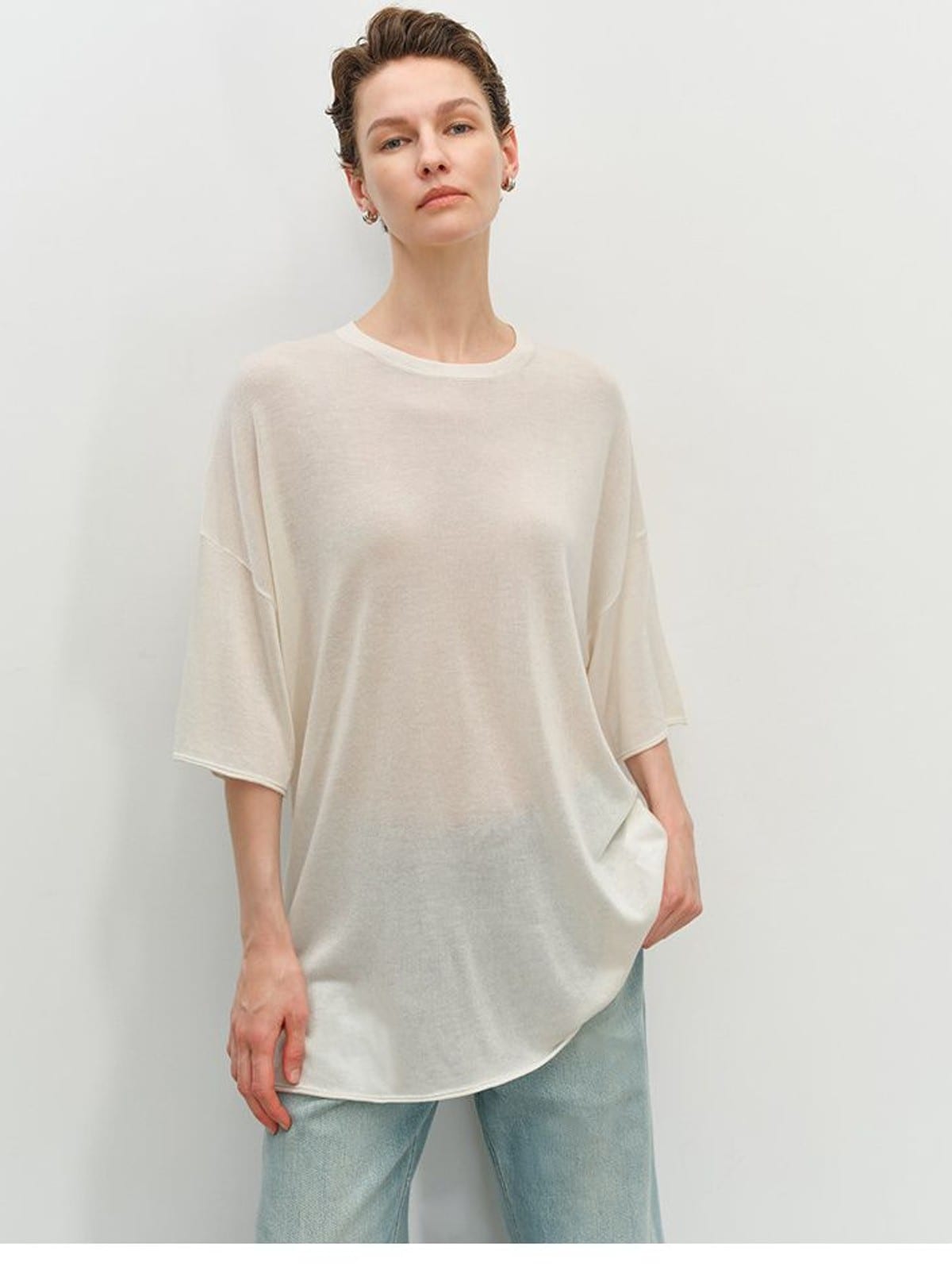 MSBEAST Sheer Lyocell Cashmere Half Sleeve T Shirt in White - On Female Model