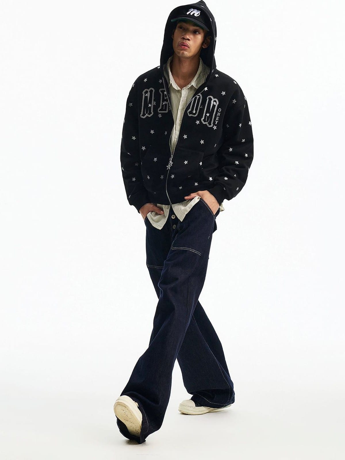 MEDM Fleece Lined Star Print Zip Hoodie in Black - On Male Model