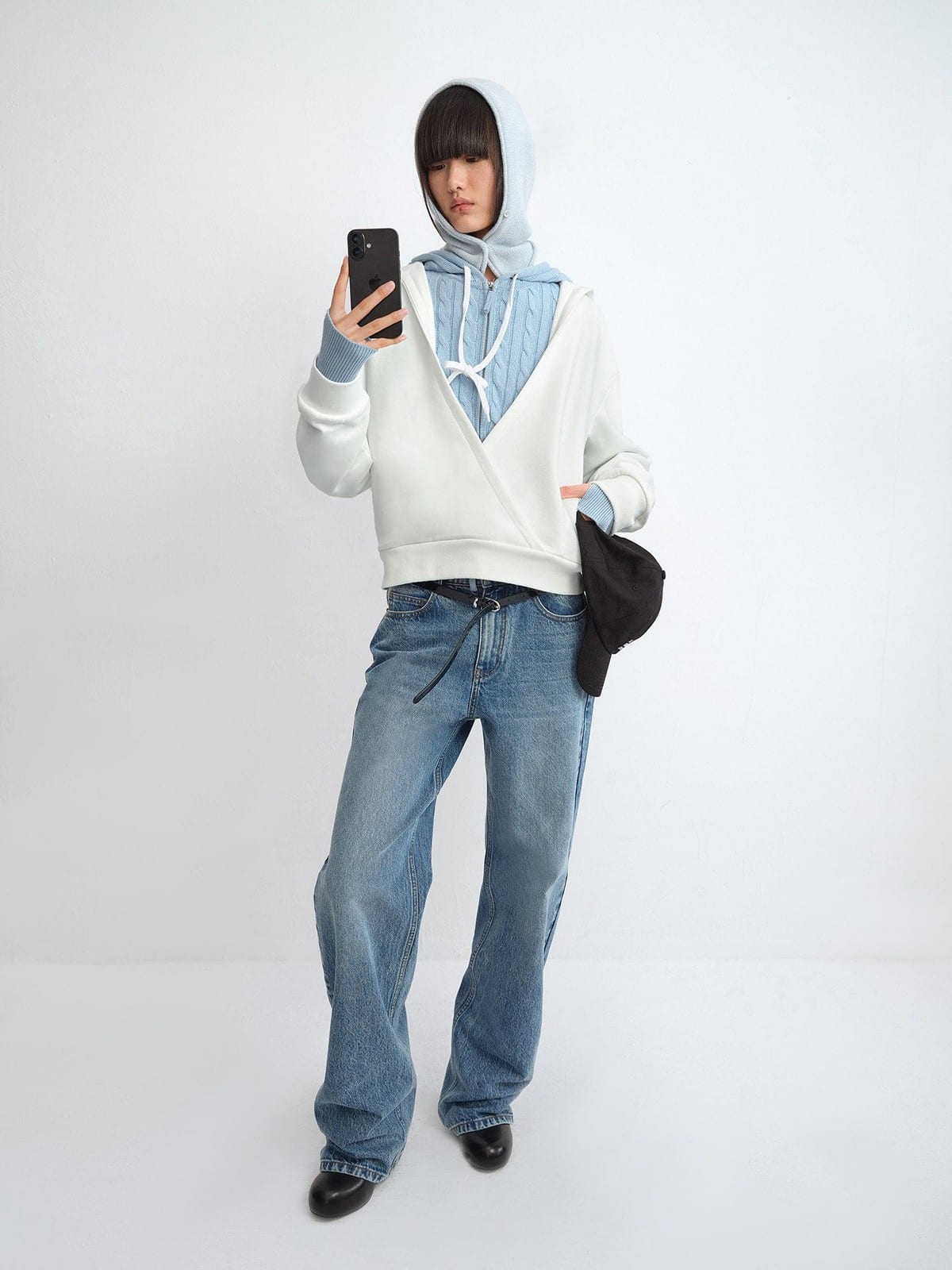 RARELY ALIKE Cotton V Neck Wrap Hoodie in White - On Model
