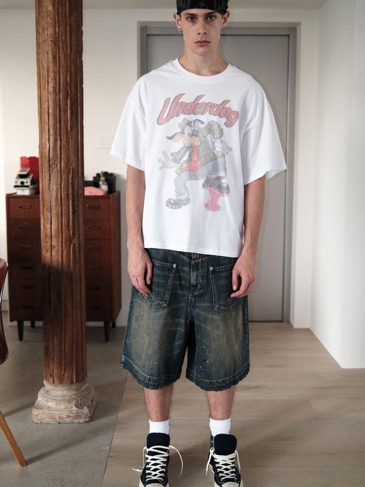 UNKNOWNWORLD Mud Dye Reverse Pocket Shorts in Yellow - On Male Model