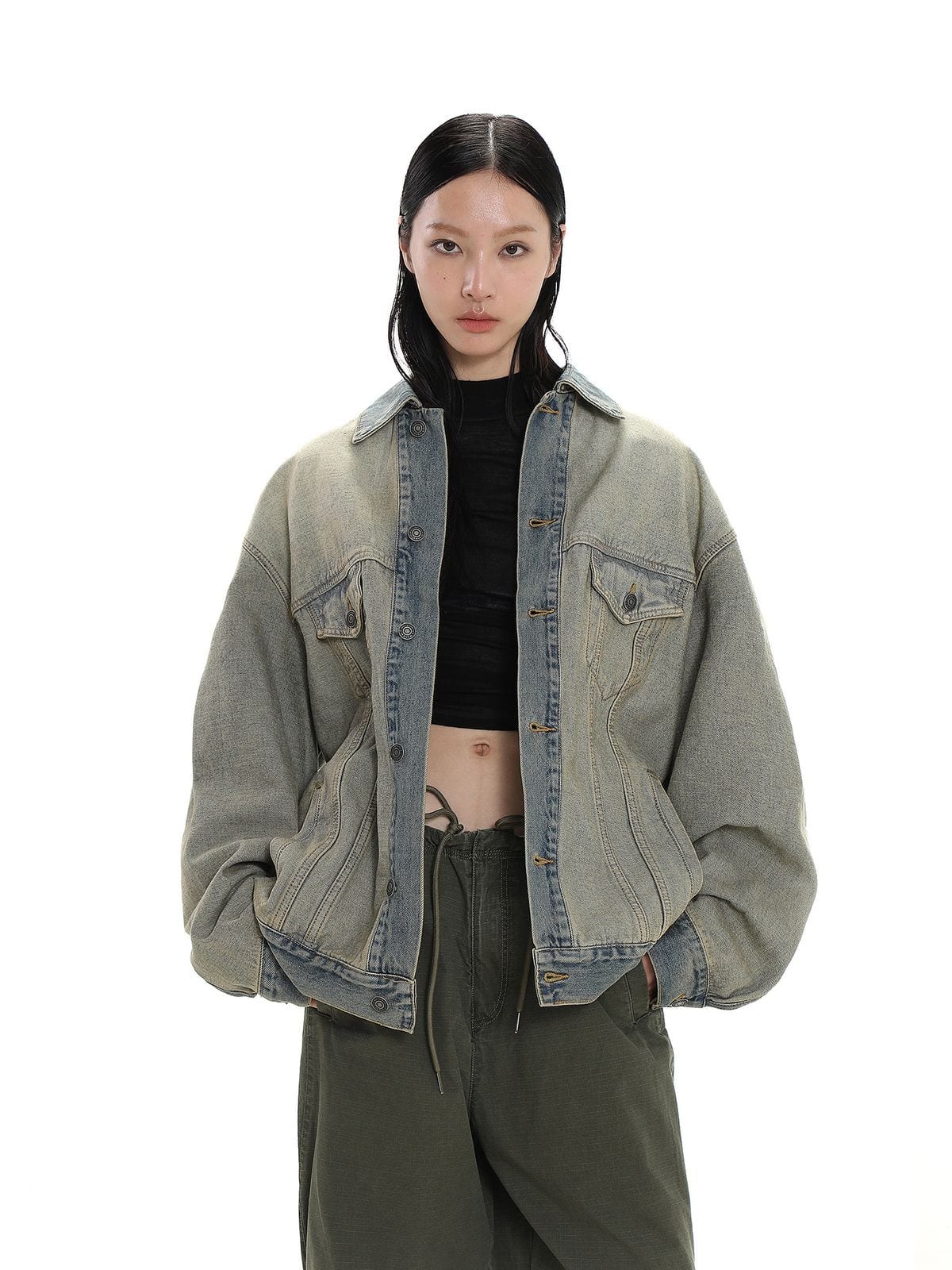 MASONPRINCE Reverse Detail Washed Denim Jacket in Denim - On Female Model