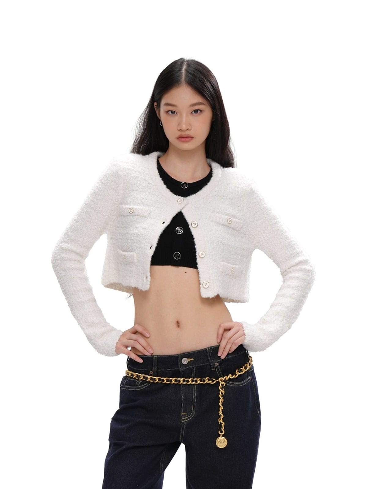 SweetChilling Button Front Cropped Knit Vest in Black - On Female Model