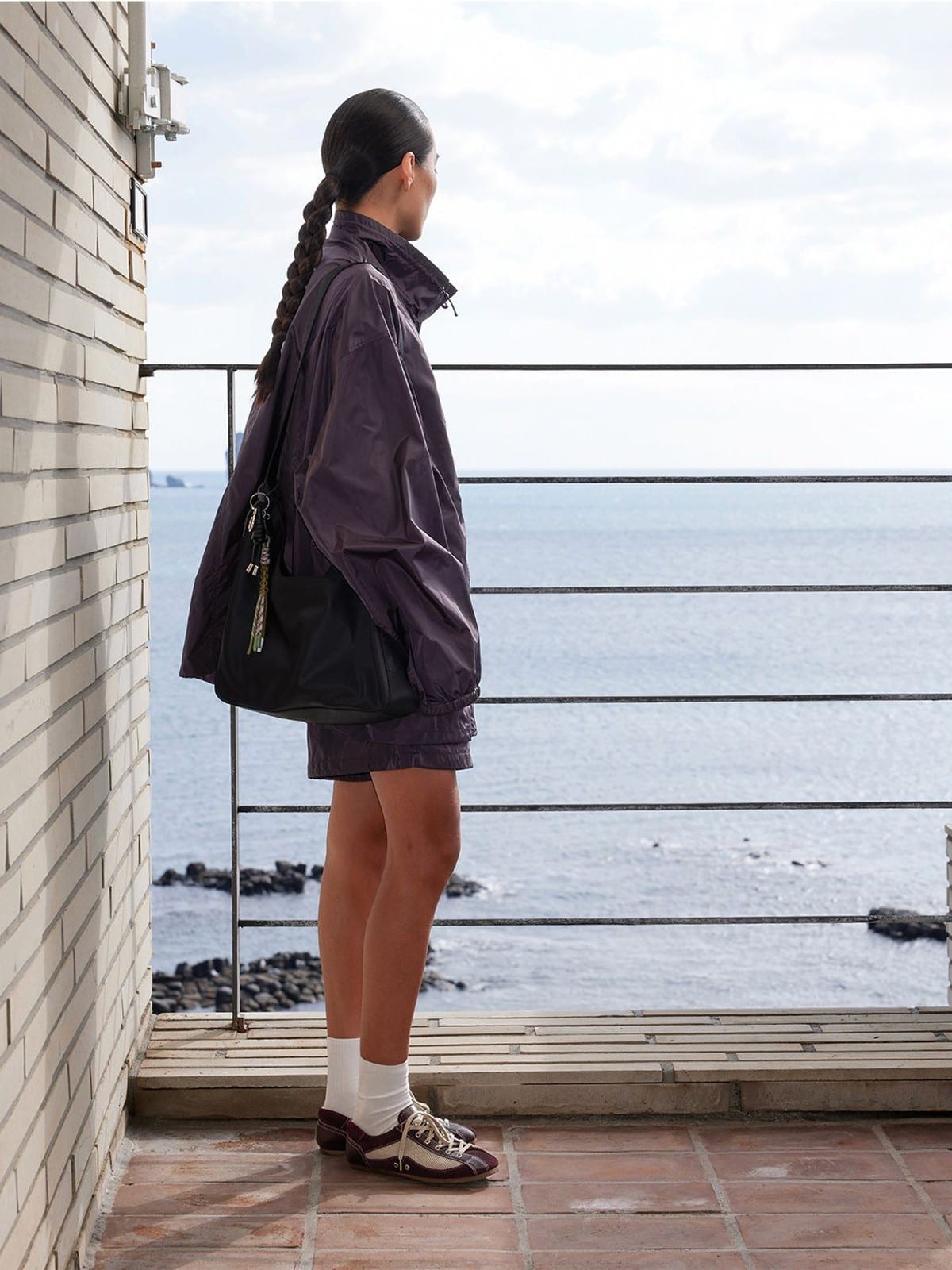 Random Piece Stand Collar Polyamide Windbreaker in Brown - On Female Model