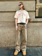 VLABMADE Resin Crinkled Micro Flare Jeans in Beige - On Male Model