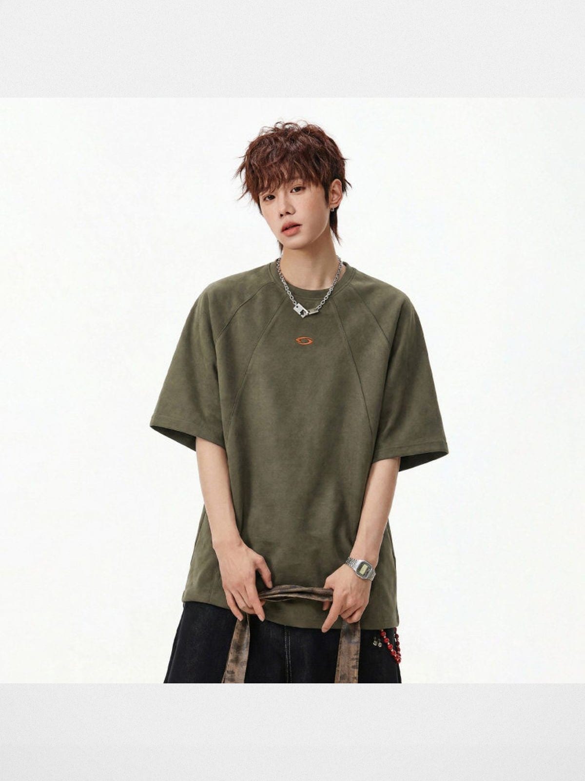 MASONPRINCE Suede Short Sleeve T Shirt in Olive - On Male Model