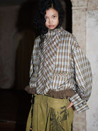 BADTASTE Reversible Plaid Cotton Jacket in Brown - On Female Model