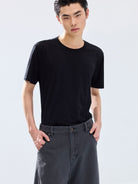 SIMPLE PROJECT Kapok Blend Crewneck T Shirt in Navy Blue - On Male Model
