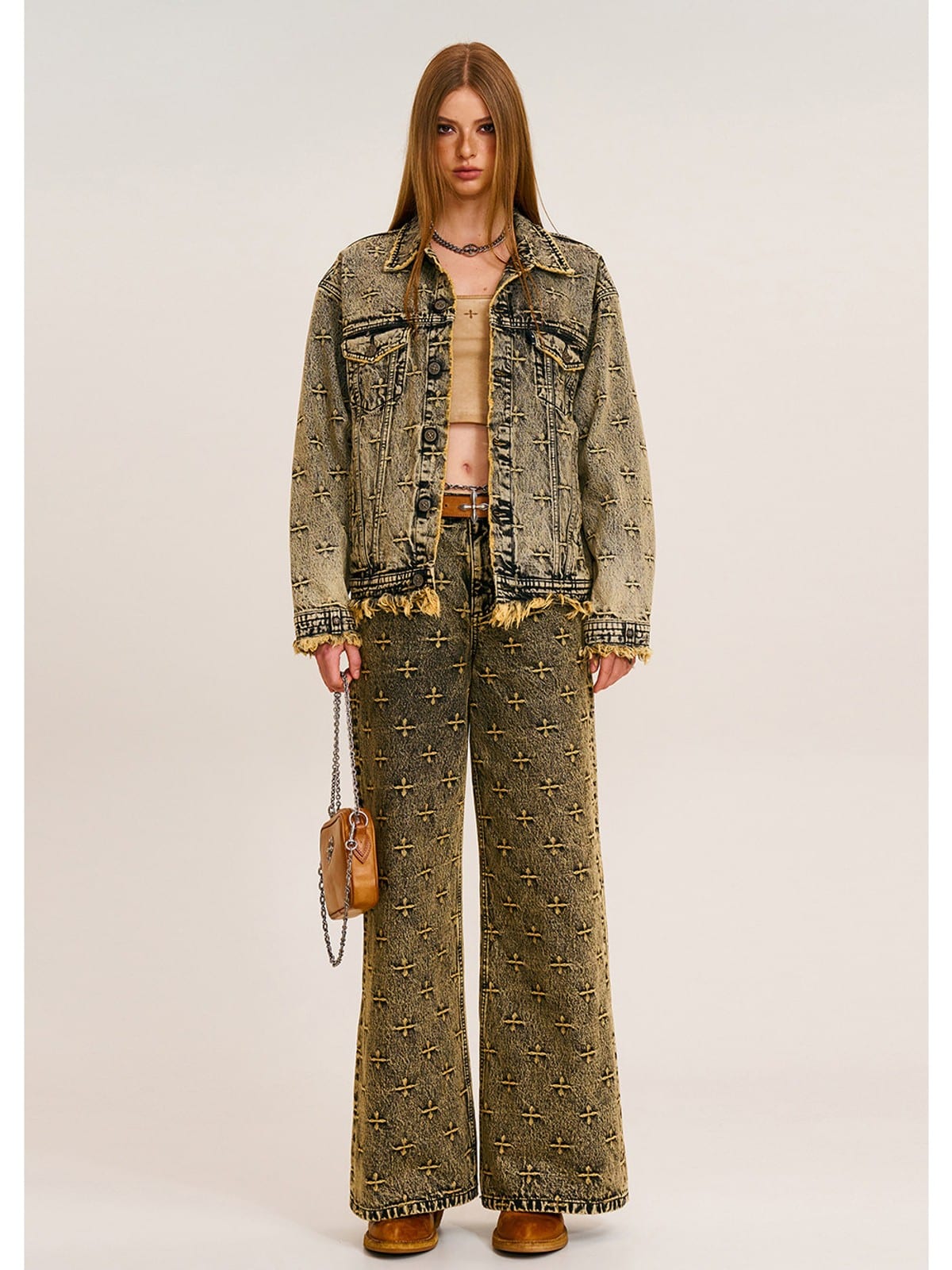 SMFK All Over Print Wide Leg Jeans in Brown - On Female Model