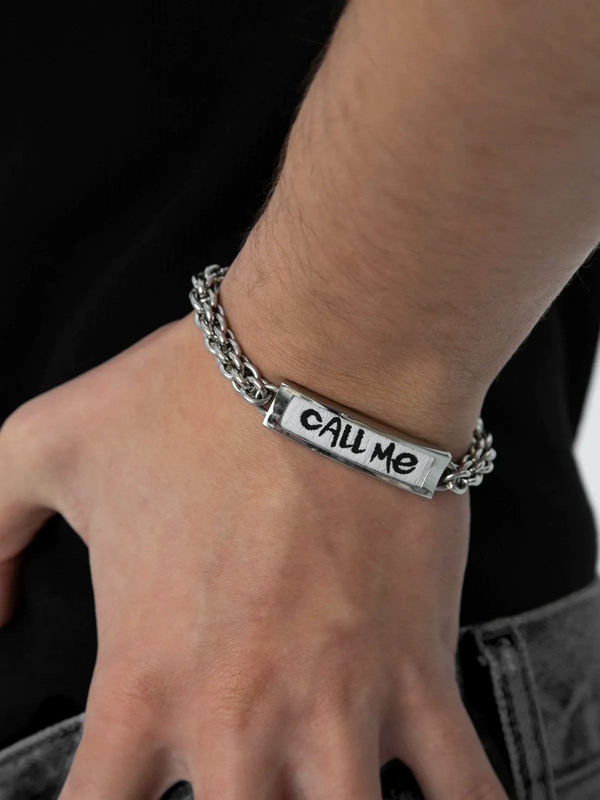 BLACKHEAD Call Me Steel Cuban Chain Bracelet in Silver - On Male Model