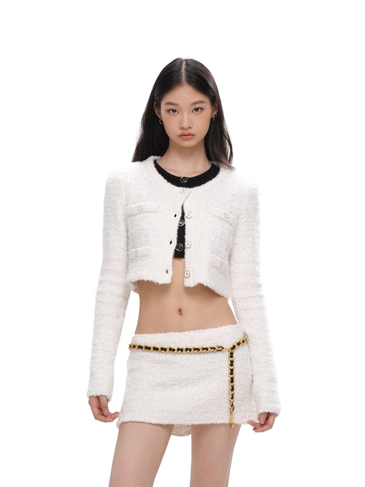SweetChilling Textured Wool Blend Mini Skirt in White - On Female Model