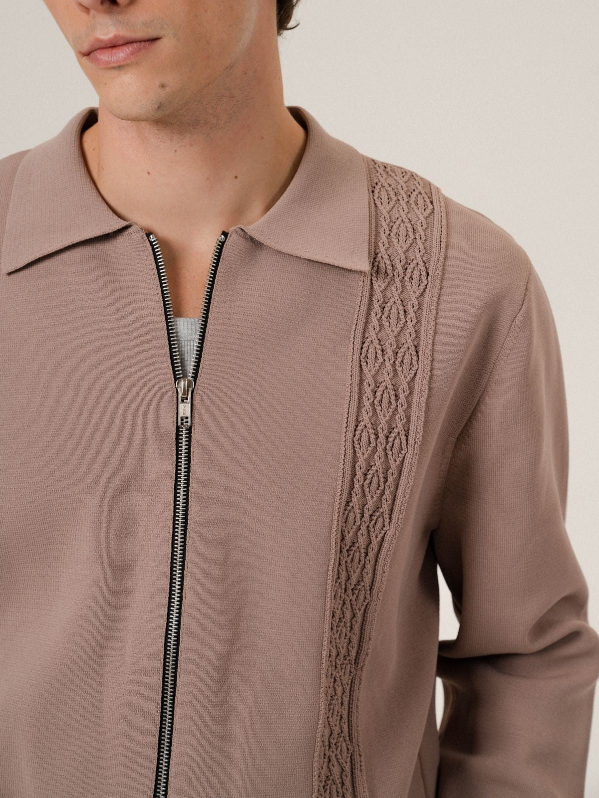 Retro 21 Jacquard Knit Double Zip Jacket in Brown - On Male Model