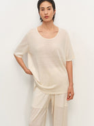 MSBEAST Melange Wool Linen Scoop Neck T Shirt in White - On Female Model