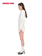 SHUSHUTONG Floral Embroidered Cotton Hoodie in White - On Female Model