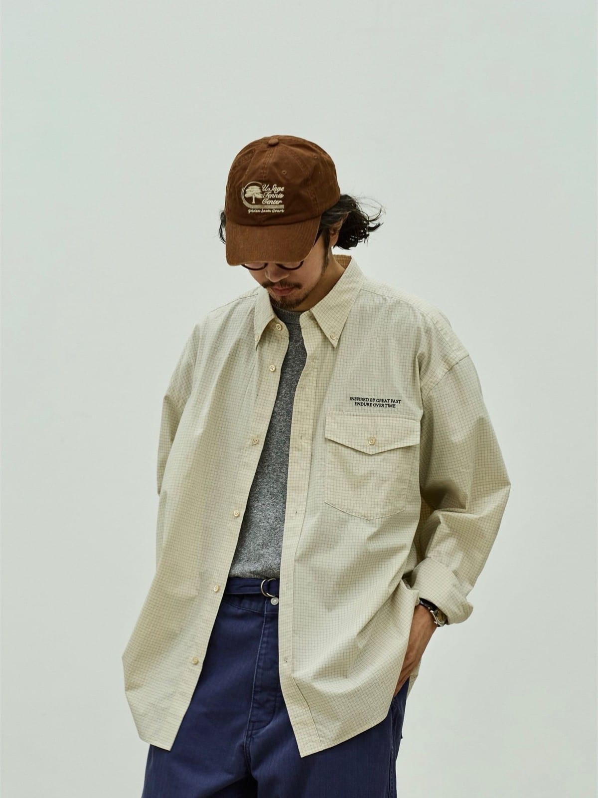 USAGE Oversized Micro Check Button Down Shirt in Cream - On Male Model