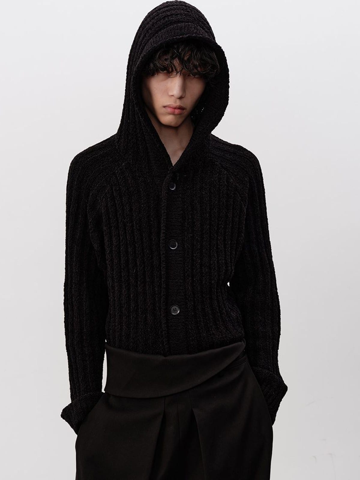JCAESAR STUDIO Heavyweight Ribbed Hooded Sweater in Black - On Male Model