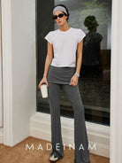 MADEINAM Fold Over Waist Flared Stretch Pants in Gray - On Female Model