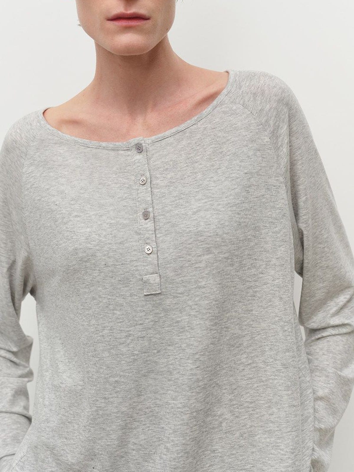MSBEAST Lyocell Blend U Neck T Shirt in Heather Gray - On Female Model