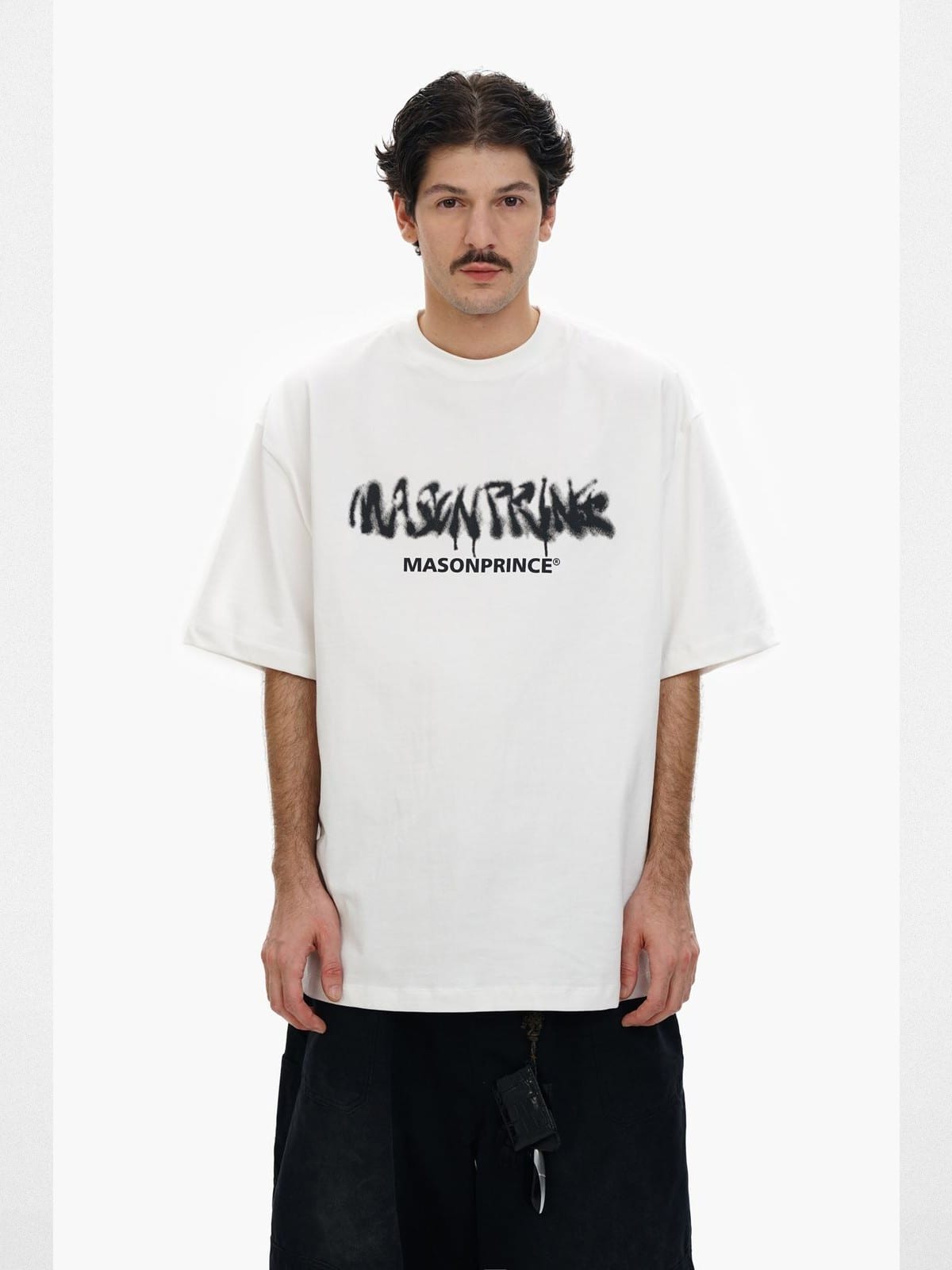MASONPRINCE Graffiti Logo Cotton T Shirt in White - On Male Model