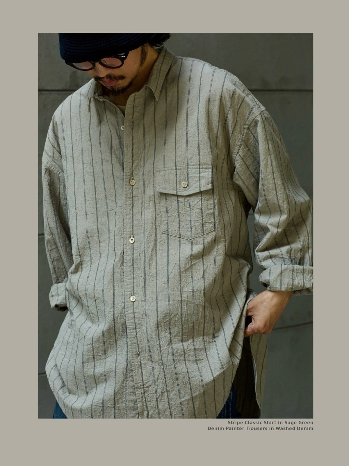 USAGE Crinkled Cotton Striped Button Down in Beige - On Male Model