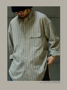 USAGE Crinkled Cotton Striped Button Down in Beige - On Male Model