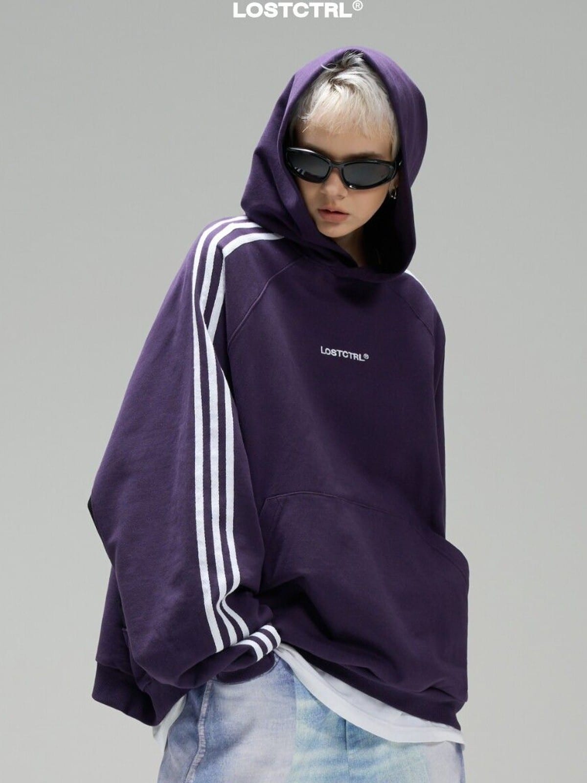 LOSTCTRL Three Stripe Cotton Hoodie in Purple - On Female Model