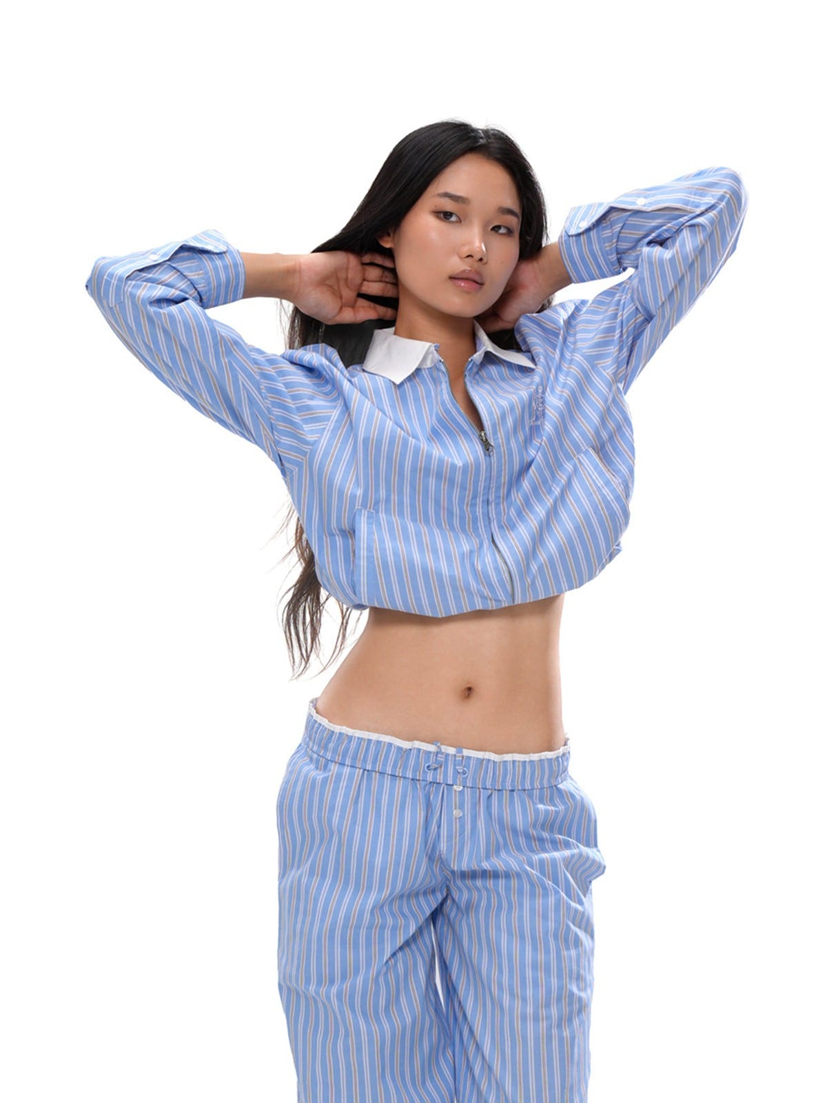 SweetChilling Contrast Collar Striped Jacket in Blue - On Female Model