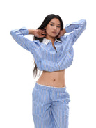SweetChilling Contrast Collar Striped Jacket in Blue - On Female Model