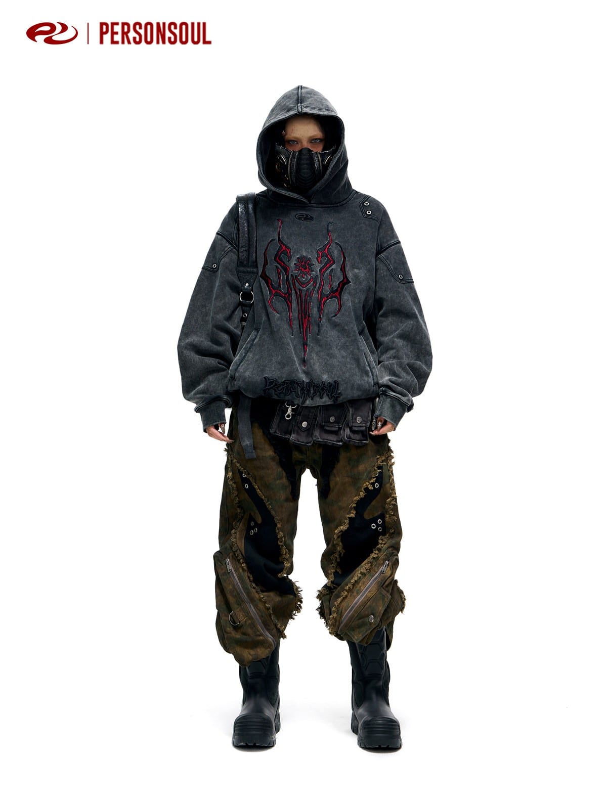 PERSONSOUL 3D Embroidered Distressed Hoodie in Gray - On Model