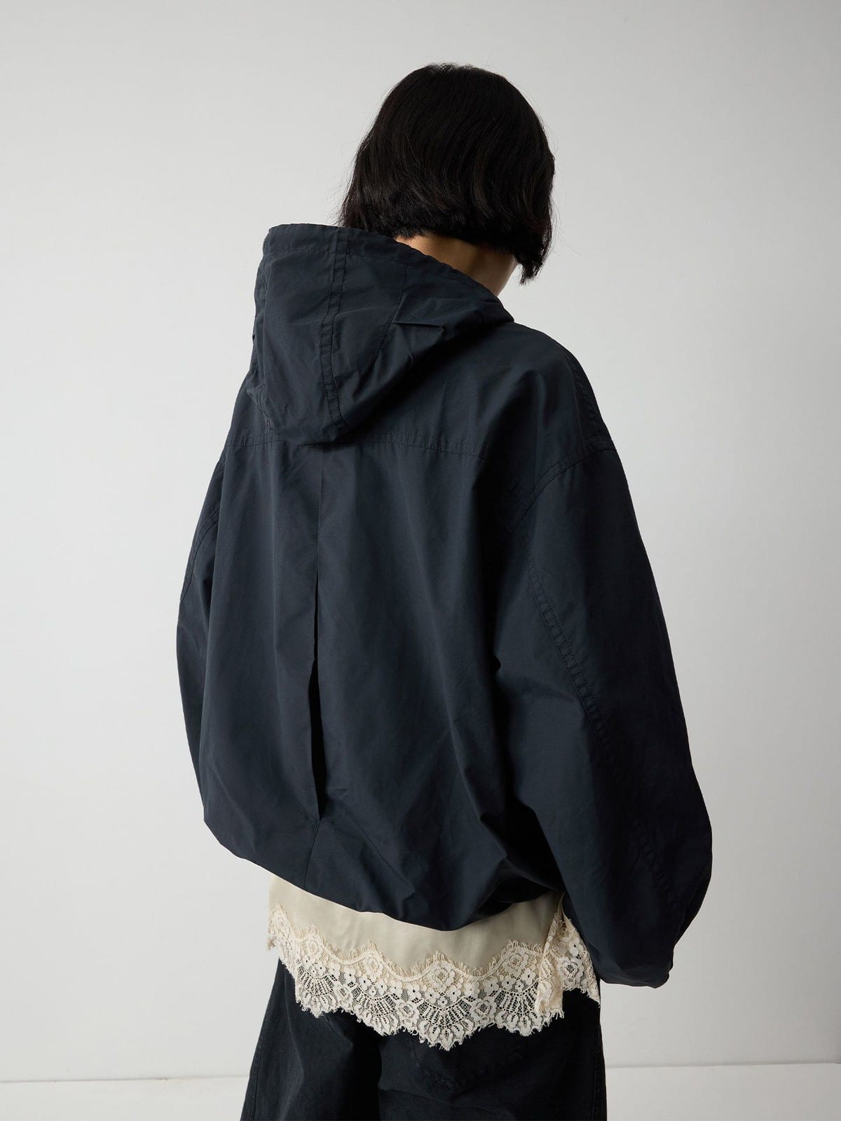 Random Piece Cotton Blend Cropped Drawstring Jacket in Navy Blue - On Model
