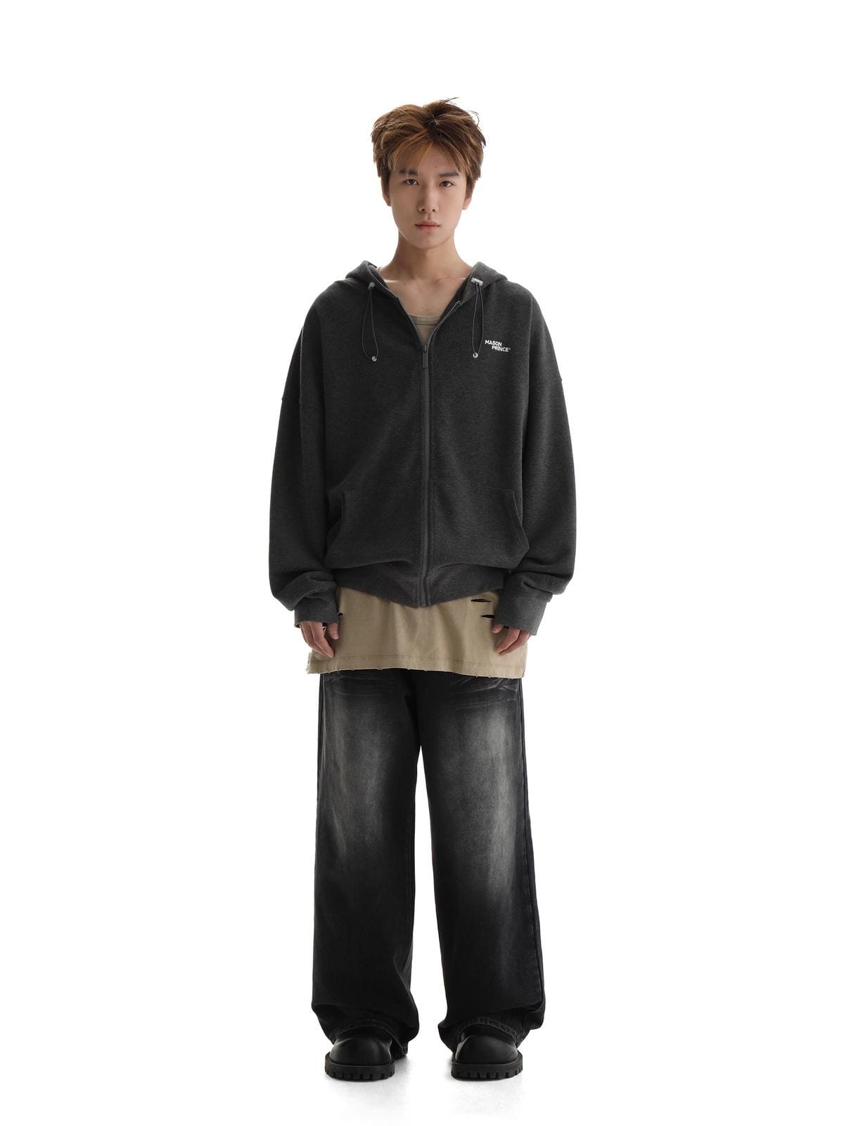 MASONPRINCE Cotton Blend Zip Up Hoodie in Gray - On Male Model