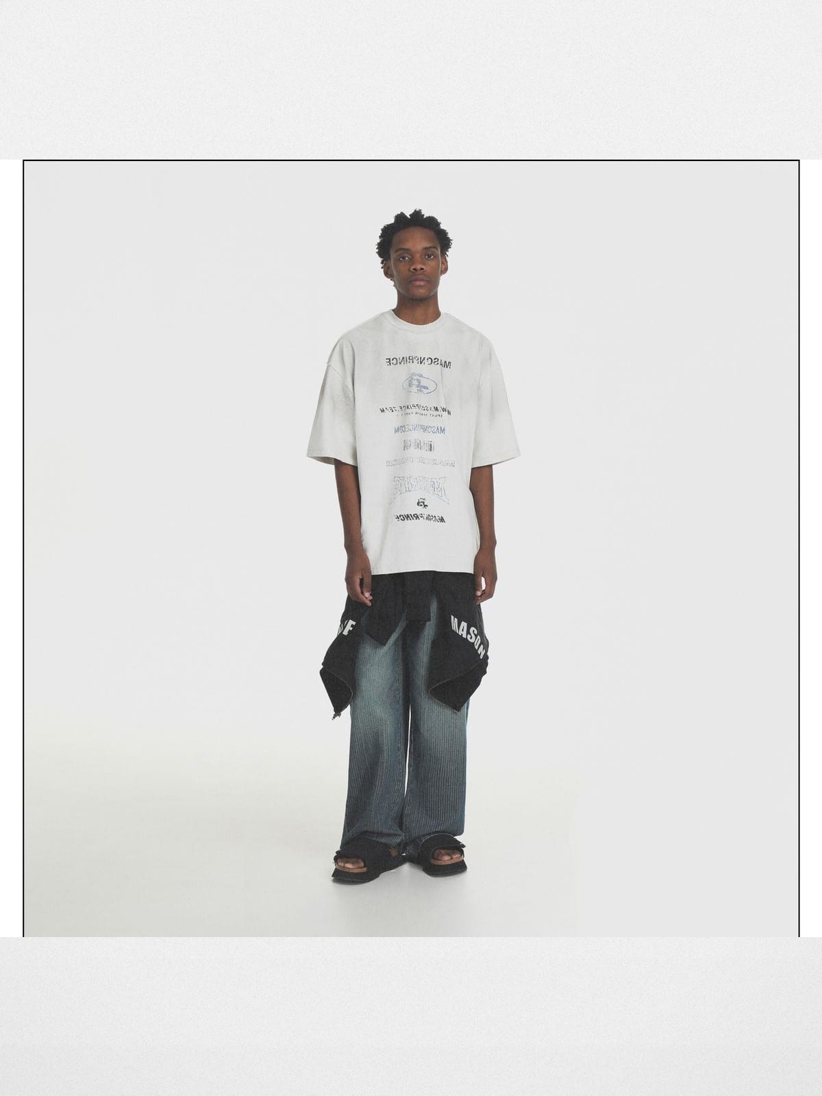 MASONPRINCE Distressed Typographic Cotton T Shirt in Gray - On Male Model