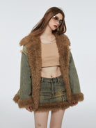 Amee Faux Fur Patchwork Denim Jacket in Denim - On Female Model