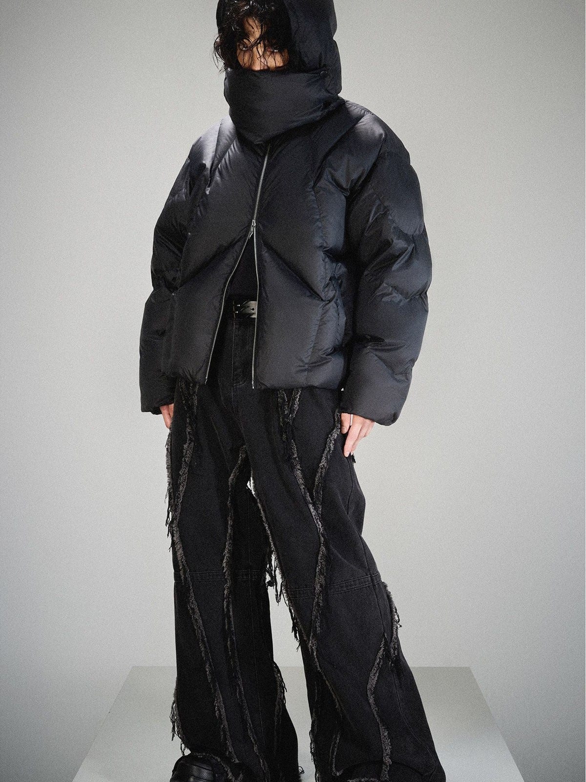LOSTCTRL Duck Down Puffer with Detachable Hood in Black - On Model