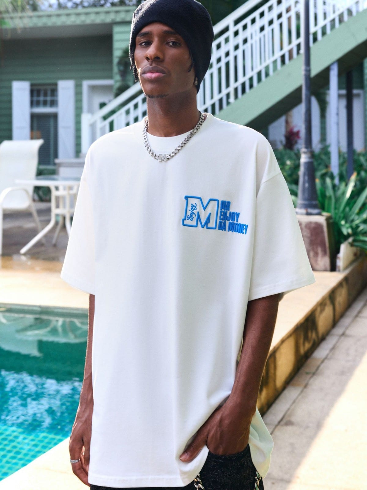 MEDM Half Sleeve Cotton Logo T Shirt in White - On Male Model