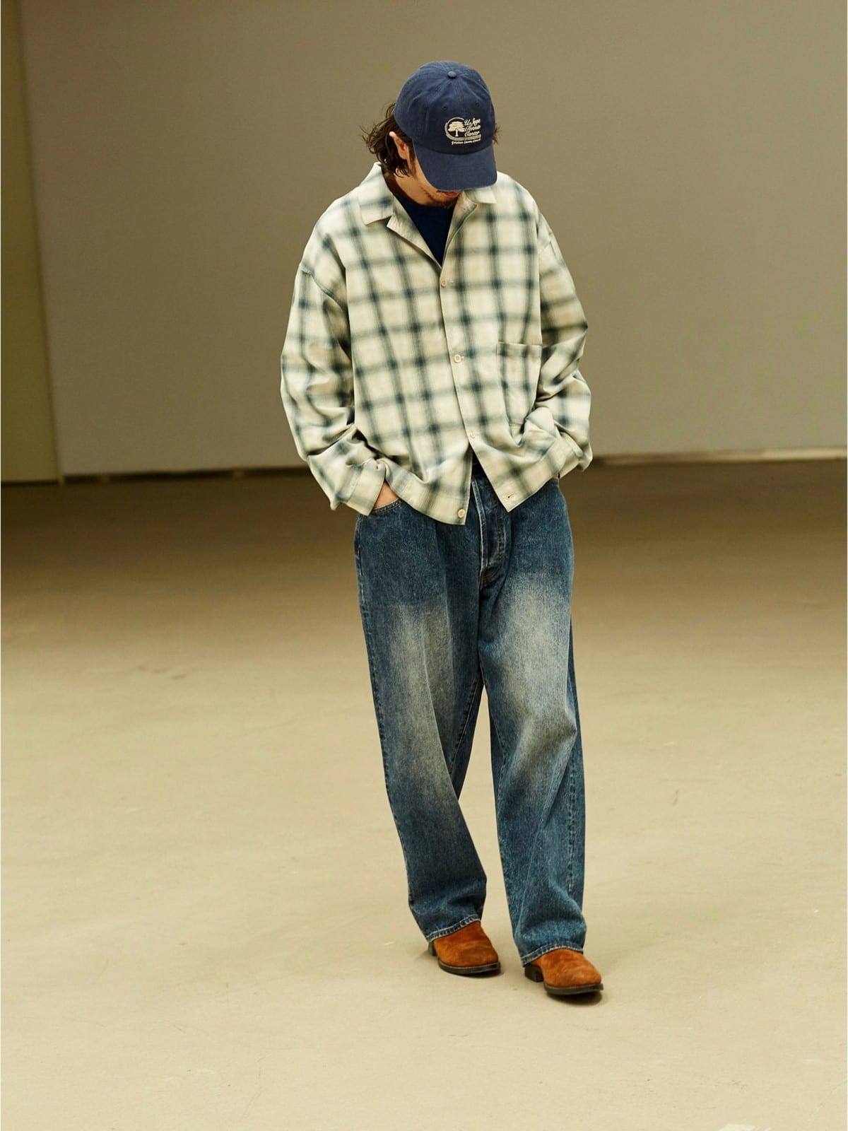 USAGE Gradient Plaid Cotton Blouson in Off-White - On Male Model