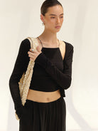 MADEINAM Cardigan Camisole Wide Leg Pants Set in Black - On Female Model