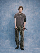 SOD Distressed Washed NUMB T Shirt in Purple - On Male Model