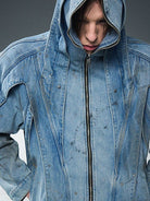 BLINDNOPLAN Mud Dyed Ink Splash Masked Hooded Jacket in Blue - On Model