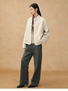 TEASEL Wool Blend Stand Collar Short Coat in Oatmeal - On Female Model