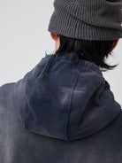 SIMPLE PROJECT Distressed Wide Neck Cropped Hoodie in Navy - On Model