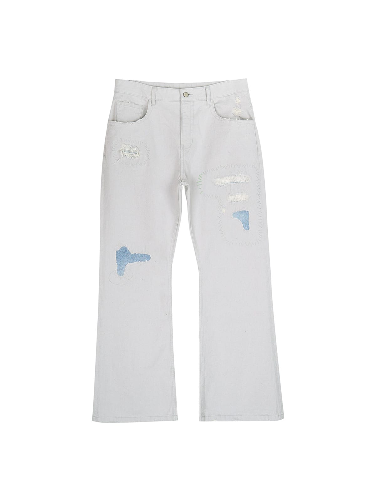 SIMPLE PROJECT Patchwork Distressed Flared Jeans in White