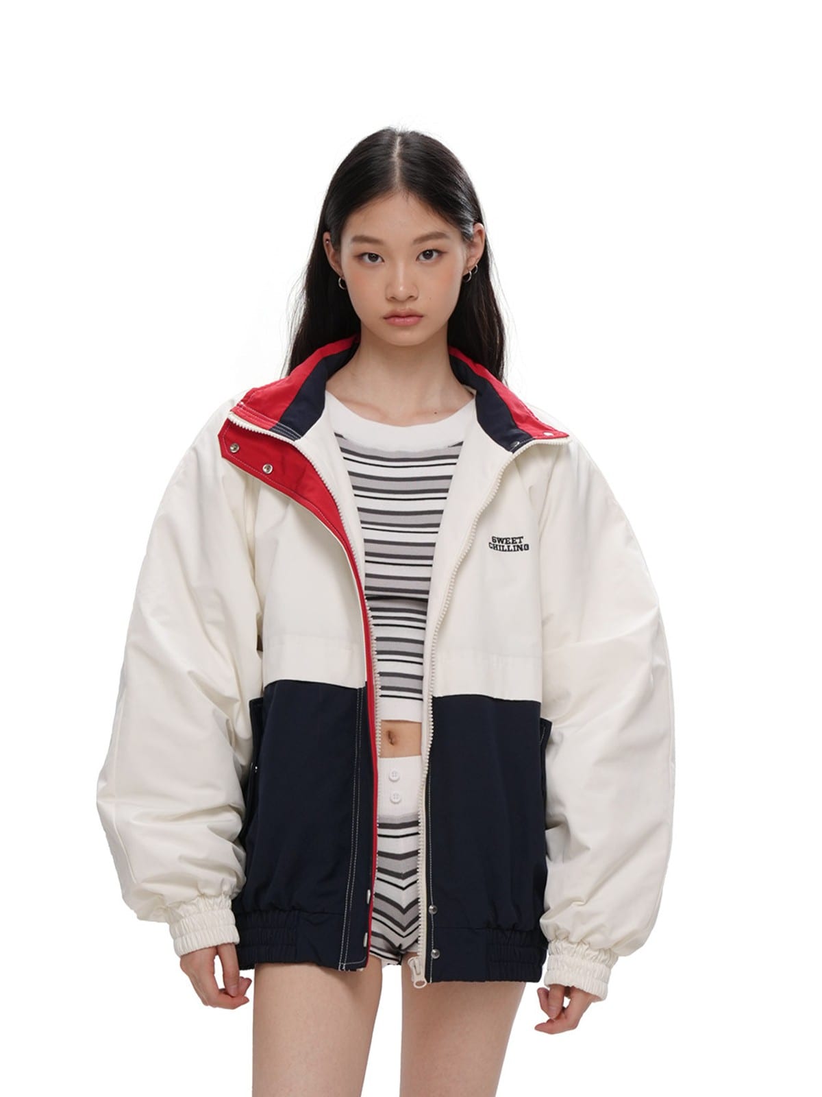 SweetChilling Color Block Quilted Jacket in Navy Blue - On Female Model